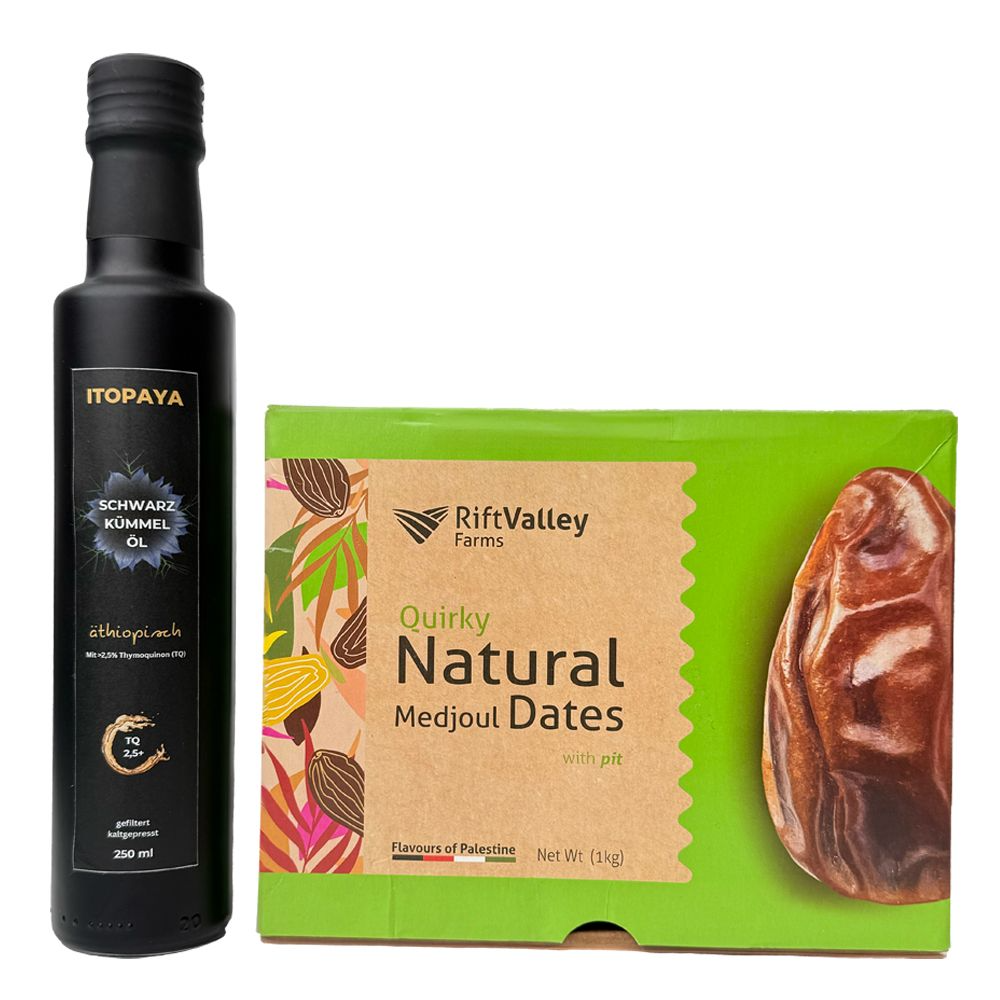 Ätyopisches Schwarzkümmelöl ungefiltert 250ml + Medjool Datteln Quirky 1KG
